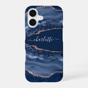 Blue rose gold agate marble name script iPhone 16 case
