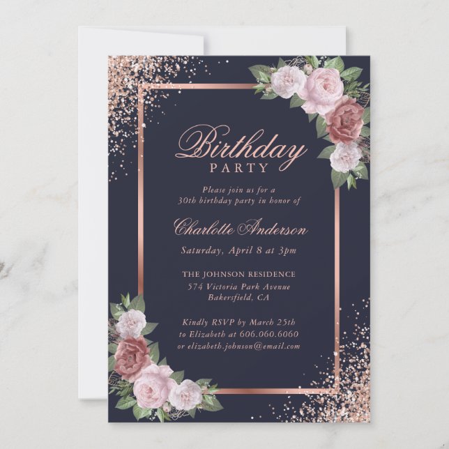 Blue Rose Gold Blush Pink Floral Birthday Party Invitation (Front)