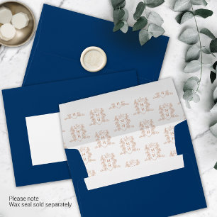 Blue rose gold crest heart crown monogram wedding envelope