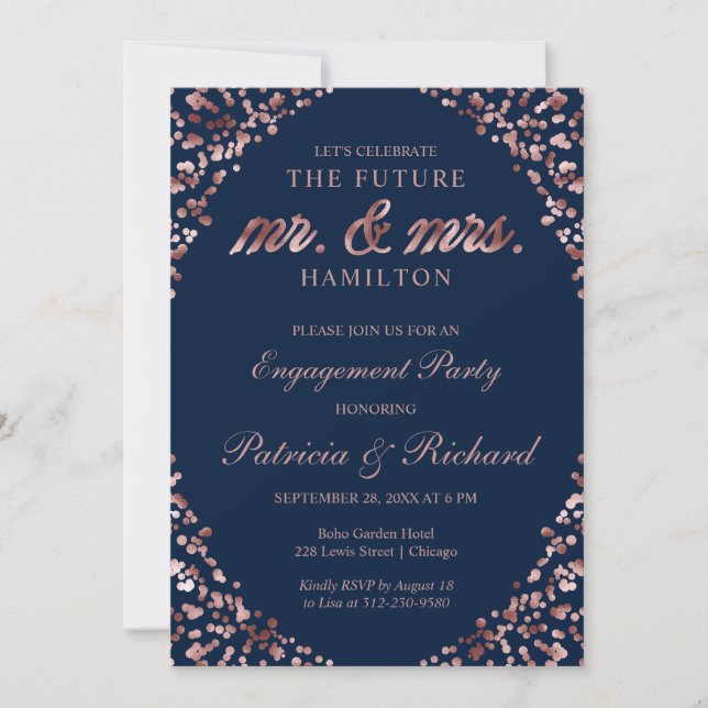 Blue Rose Gold Engagement Party Invitation (Front)