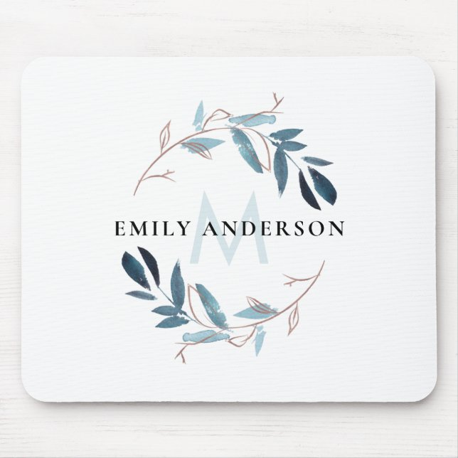 BLUE ROSE GOLD FOLIAGE WATERCOLOR WREATH MONOGRAM MOUSE PAD (Front)