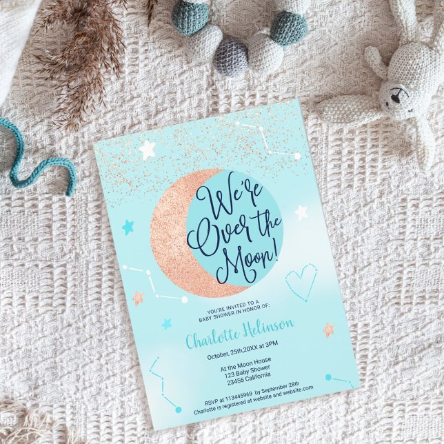 Blue rose gold glitter over the moon baby shower invitation (Creator Uploaded)