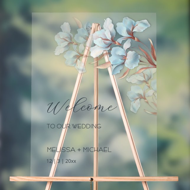 Blue  Rose Gold Layered Flowers Transparent Acrylic Sign (Neutral)