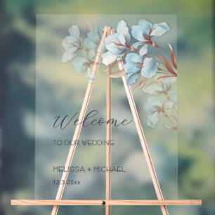 Blue  Rose Gold Layered Flowers Transparent Acrylic Sign