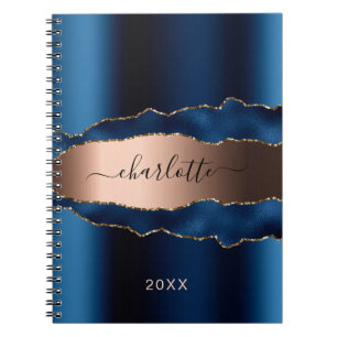 Blue rose gold metal agate marble name script notebook