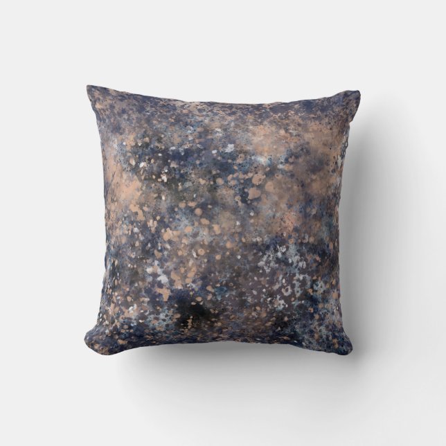 Blue & Rose Gold Paint Splatter Abstract Glamour Cushion (Front)
