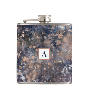Blue & Rose Gold Paint Splatter Abstract Glamour Hip Flask