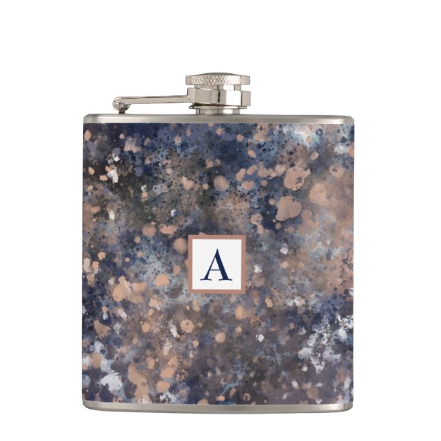 Blue & Rose Gold Paint Splatter Abstract Glamour Hip Flask (Front)