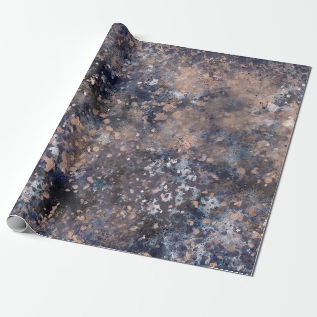 Blue & Rose Gold Paint Splatter Abstract Glamour Wrapping Paper (Unrolled)