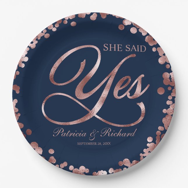 Blue Rose Gold She Said Yes Engagement Party Paper Plate (Front)
