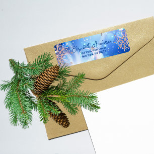 Blue Rose Gold Snowflake Winter Holiday Address Return Address Label