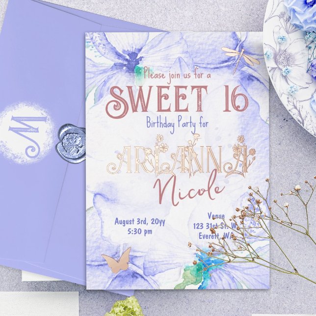 Blue, Rose Gold Sweet 16 Wild Flower Letters (dusty blue, sky blue, rose gold botanical lettering sweet sixteen birthday part invitation)