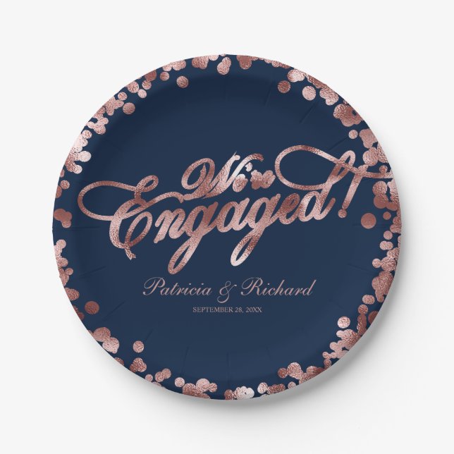 Blue Rose Gold We're Engaged Engagement Party Paper Plate (Front)