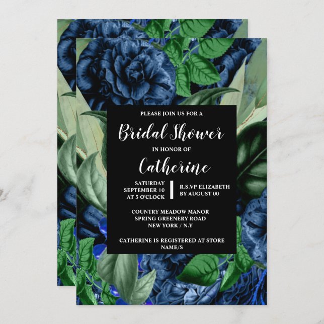 Blue rose greenery floral botanical flowers invitation (Front/Back)