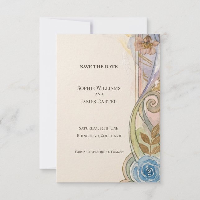 Blue Rose Nouveau Save The Date Card (Front)