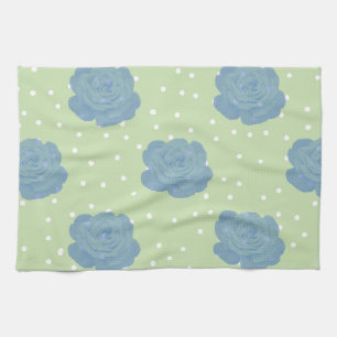 Blue rose pattern on green backround tea towel