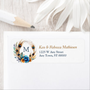 Blue Rose Peacock Wreath Monogram Return Address Return Address Label