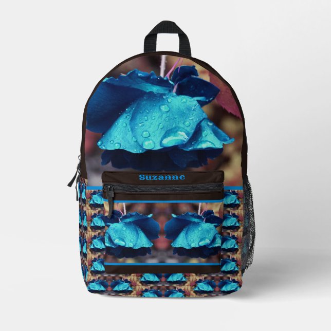 Blue Rose Raindrops Flower Art Personalised Printed Backpack (Front)