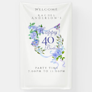 Blue Rose Ribbon 40th Birthday Banner