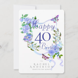 Blue Rose Ribbon 40th Birthday Holiday Card