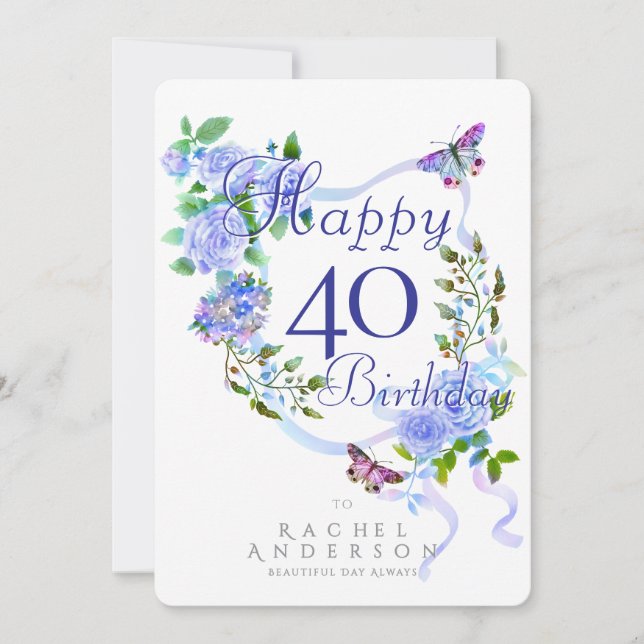 Blue Rose Ribbon 40th Birthday Holiday Card (Front)