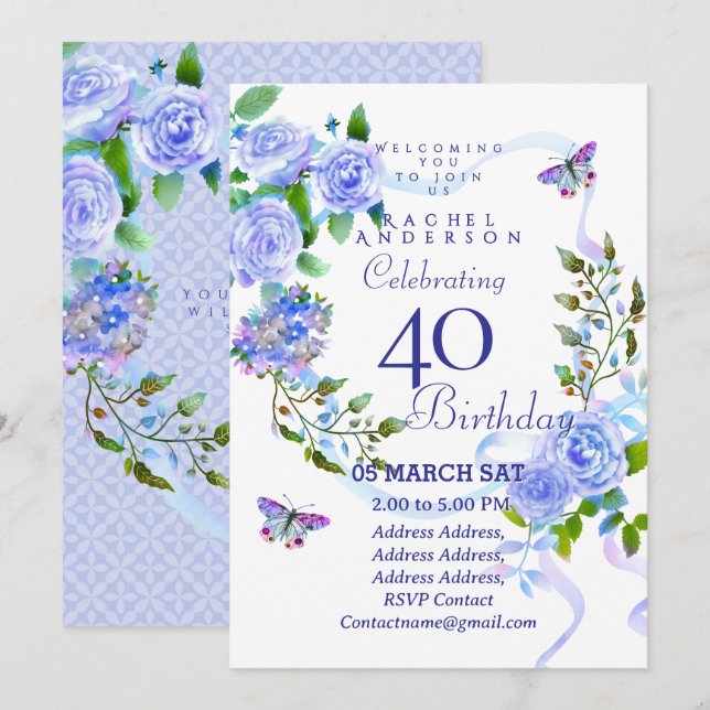 Blue Rose Ribbon 40th  Birthday Invitation (Front/Back)