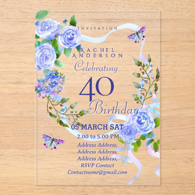 Blue Rose Ribbon 40th  Birthday Invitation (Front)
