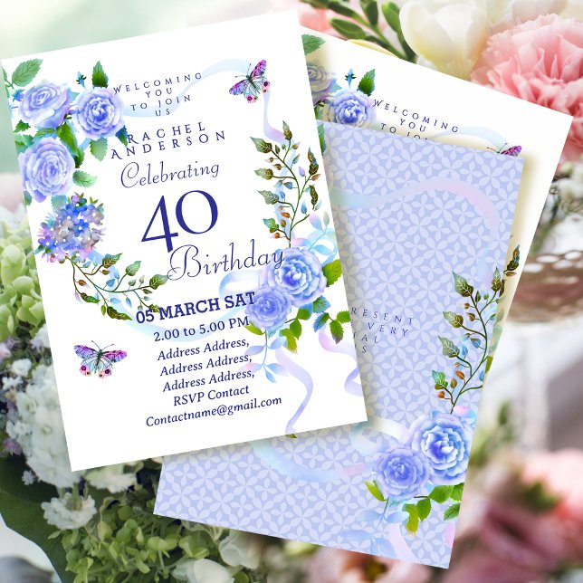 Blue Rose Ribbon 40th  Birthday Invitation (Blue Rose Ribbon 40th Birthday Invitation)