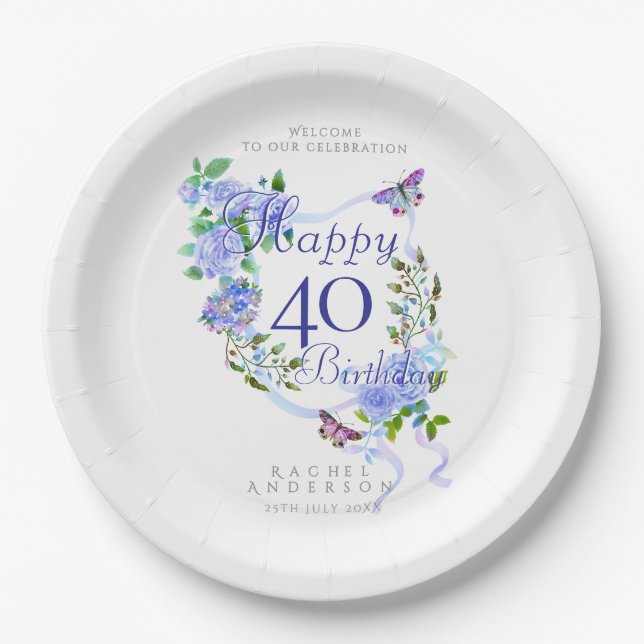 Blue Rose Ribbon 40th Birthday Paper Plate (Front)