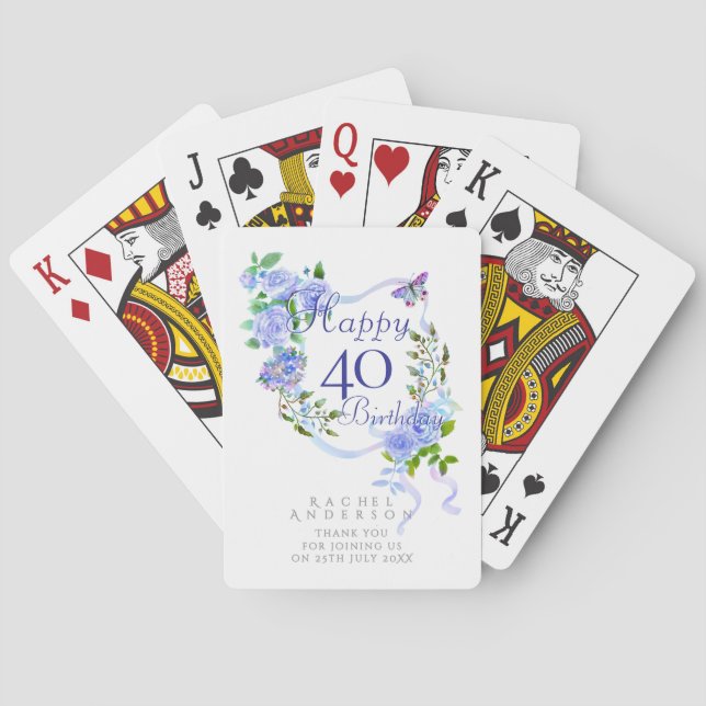 Blue Rose Ribbon 40th Birthday Playing Cards (Back)
