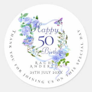 Blue Rose Ribbon 50th Birthday Classic Round Sticker