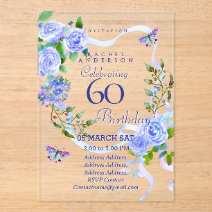 Blue Rose Ribbon 60th Birthday Invitation