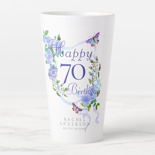 Blue Rose Ribbon 70th Birthday Latte Mug (Front)