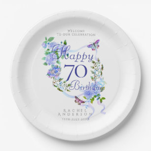 Blue Rose Ribbon 70th Birthday Paper Plate