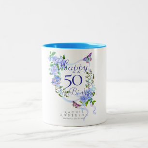 Blue Rose Ribbon Birthday 50th Two-Tone Coffee Mug