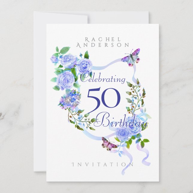 Blue Rose Ribbon Birthday Invitation (Front)