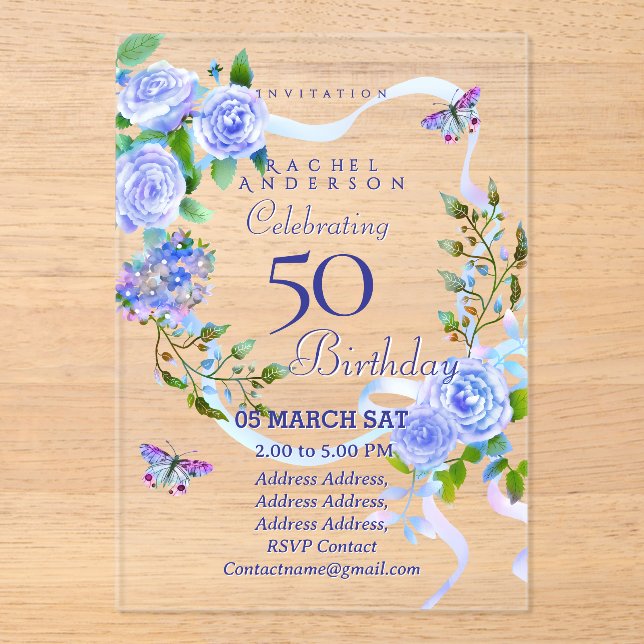 Blue Rose Ribbon Birthday Invitation (Front)