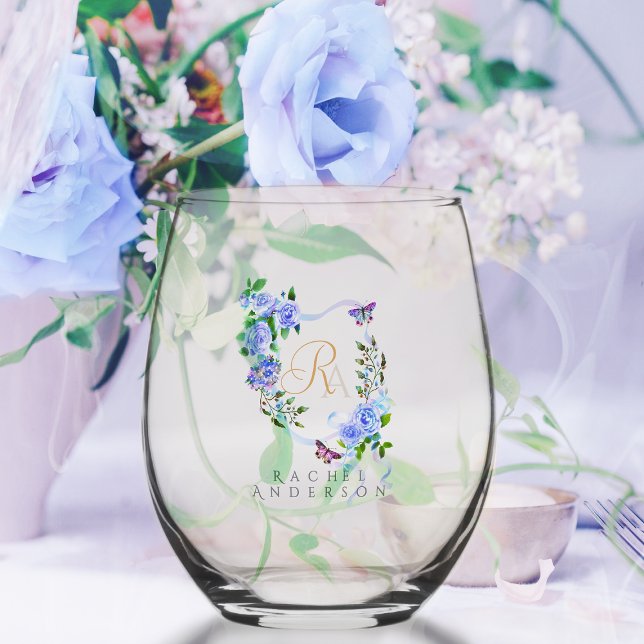 Blue Rose Ribbon Chic Monogram  Stemless Wine Glass (Romantic Blue Rose Ribbon Monogram  Wine Glass.)