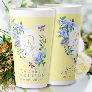 Blue Rose Ribbon Chic Monogram Yellow Latte Mug