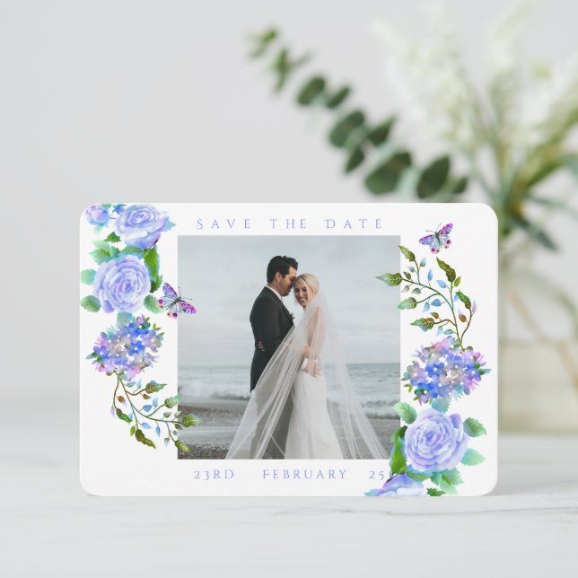 Blue Rose Ribbon Monogram Photo Wedding  Save The Date (Standing Front)