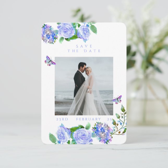 Blue Rose Ribbon Monogram Photo Wedding  Save The Date (Standing Front)
