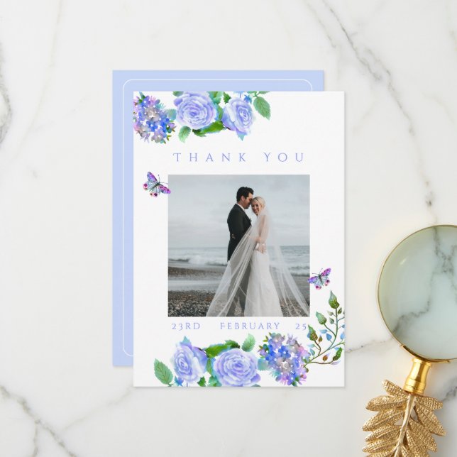 Blue Rose Ribbon Monogram Photo Wedding Thank You  Card (Front/Back In Situ)