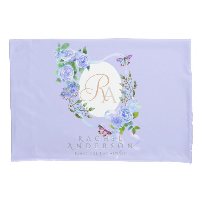 Blue Rose Ribbon Monogram Purple Pillowcase (Front)