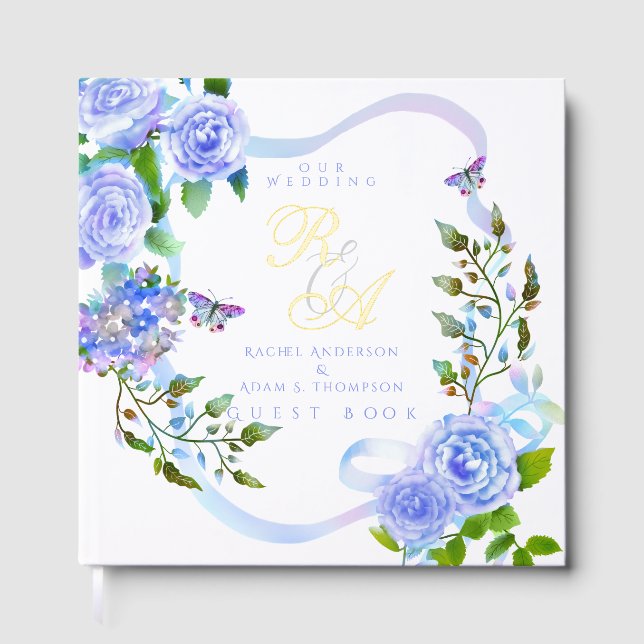 Blue Rose Ribbon Monogram Wedding Guest Book (Front)
