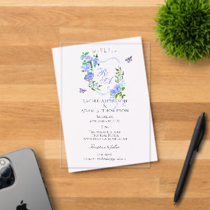 Blue Rose Ribbon Monogram Wedding Invitation