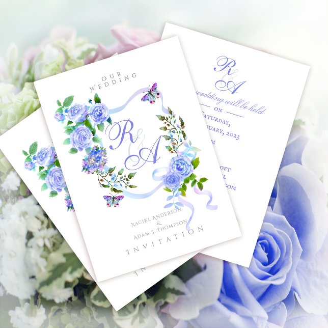 Blue Rose Ribbon Monogram Wedding Invitation (Trendy Blue Rose Bow Ribbon
Wedding Invitation Card.)