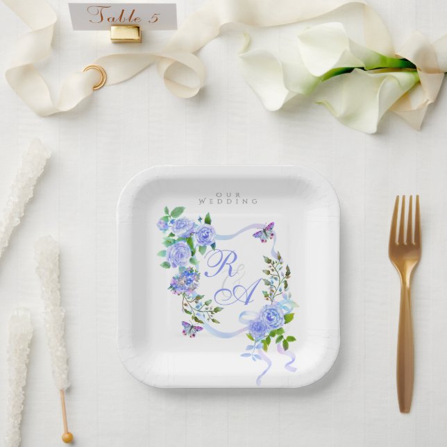 Blue Rose Ribbon Wedding Paper Plate (Wedding)