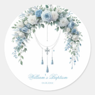 Blue Rose & Silver Cross Baptism Favor Sticker