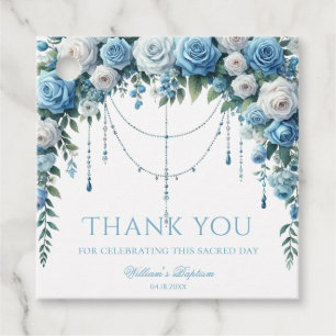 Blue Rose & Silver Cross Baptism Favor Tag