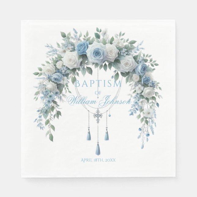 Blue Rose & Silver Cross Baptism Napkins (Front)